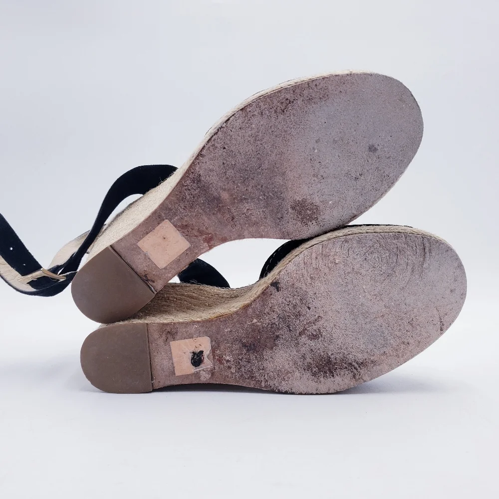 Kate Spade Brit Wedge Espadrille Sandal Black Suede Cream Rosette Twill Size 9.5